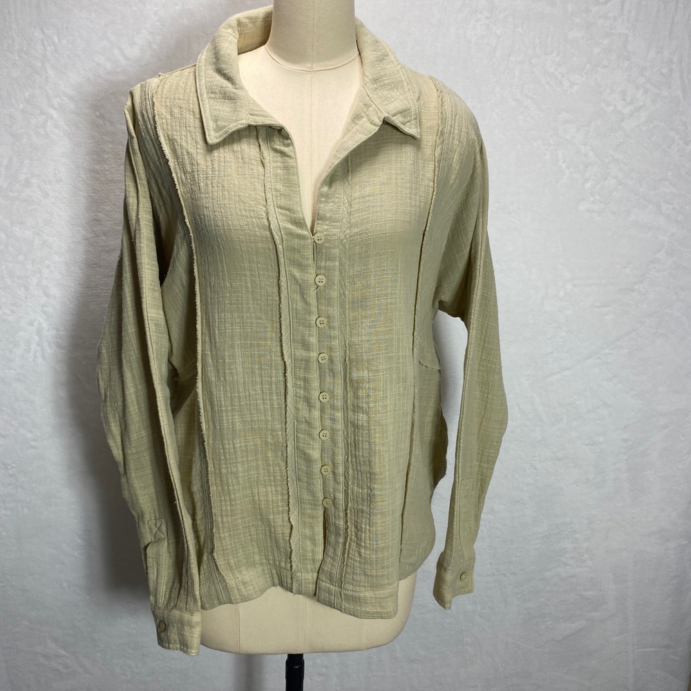 Heyson L Women's‎ Beige Long Sleeve Button Up Top Shirt Distressed Neutral Color - Picture 5 of 11